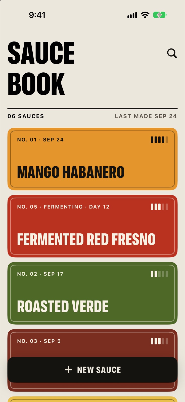 The book: a column of colored labels, Mango Habanero, Fermented Red Fresno on day 12, Roasted Verde.