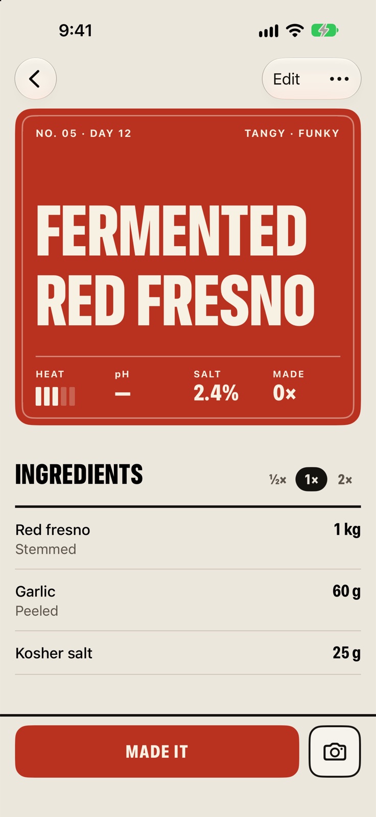 The Fermented Red Fresno page on day 12, with salt at 2.4 percent and ingredients of red fresno, garlic and kosher salt.