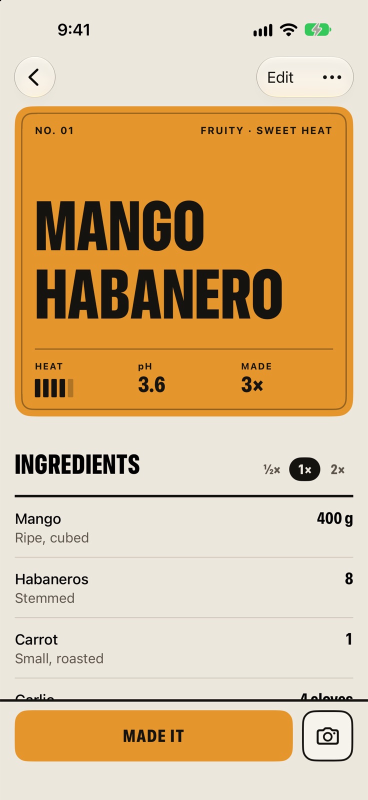 The Mango Habanero page: a large orange label with heat, pH 3.6 and made three times, then the ingredients with a half, one and two times toggle.